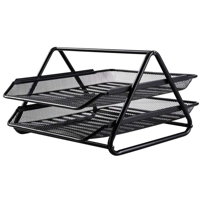 2 Tier Metal Mesh Document Sliding Tray Organiser - Black