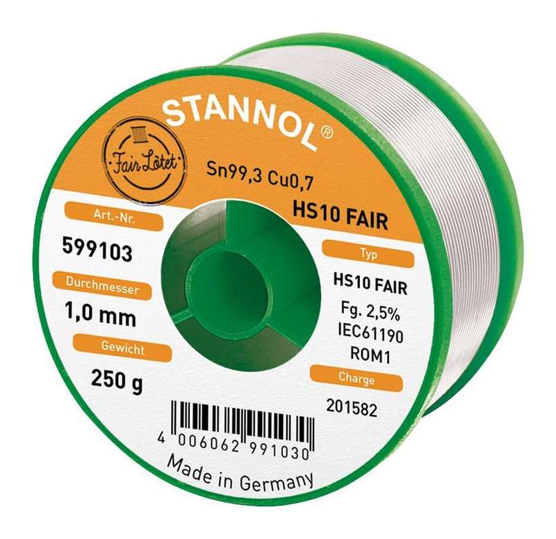 Stannol (HS10 FAIR, 1.0MM, 250G) Solder Wire, 99.3/0.7, 1mm Diameter, 250g