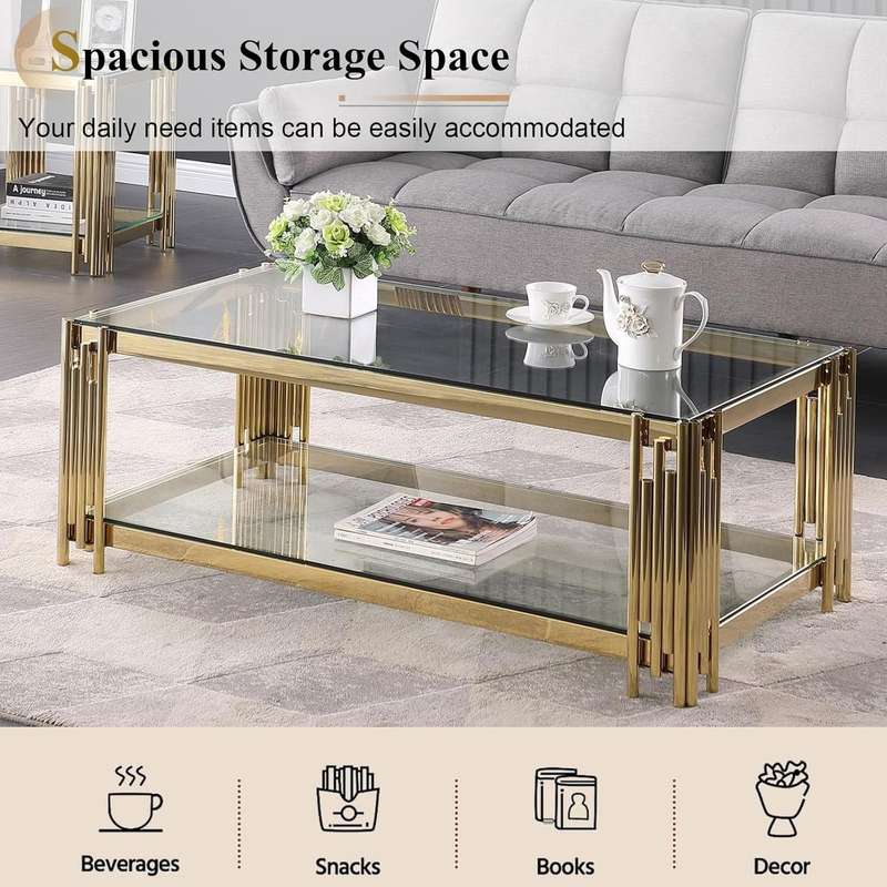 Coffee Tables -Rectangular Tempered Glass Top with Steel Frame  - Gold Colour