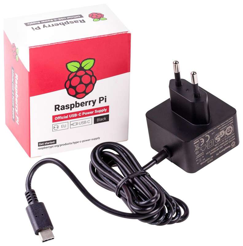 Raspberry Pi 4 Model B Official PSU, USB-C, 5.1V, 3A, EU Plug - Black