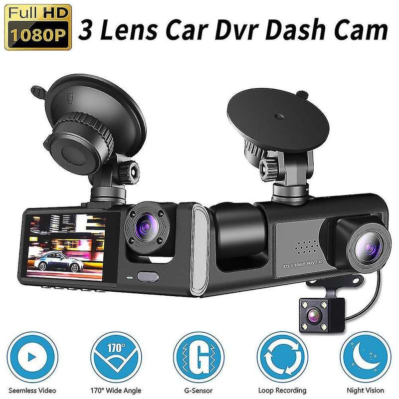 3 Channel DVR Dashcam with Front interior and Rear cameras AND 32GB TF Card