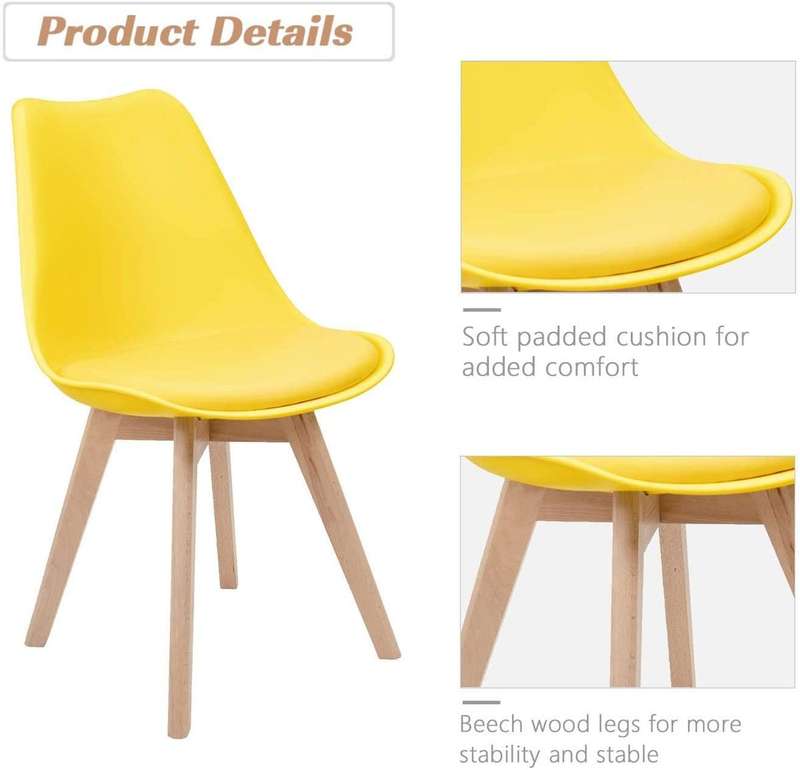 Padded Seat Wooden Leg Dining Chairs - Pack of Four - Yellow Colour