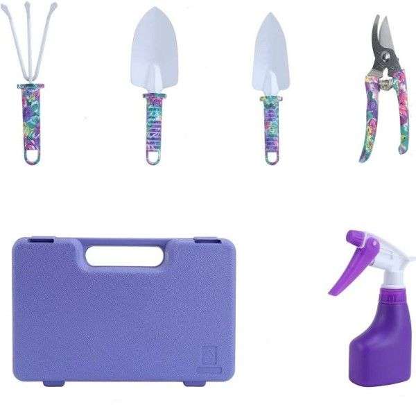 A set of 5 purple floral printed  gardening hand tools