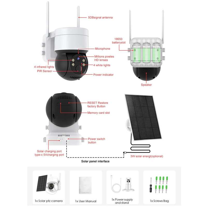 Wireless Solar Camera WiFi Security Camera System Rechargeable Battery