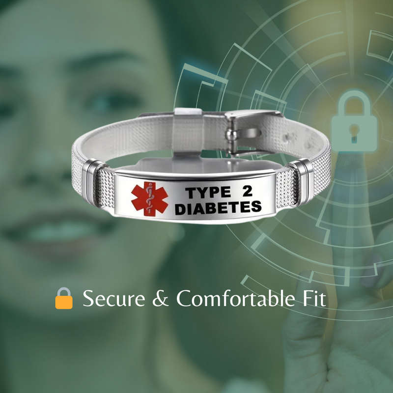 Stainless Steel Medical Alert Bracelet  Type 2 Diabetes | 23cm Adjustable Wristband with Silic...