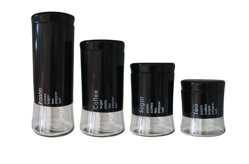 4 Piece Decadent Glass Jar Canister Set - Coffee Sugar Tea & Pasta - Black (PLEASE READ DESCRIPTION)