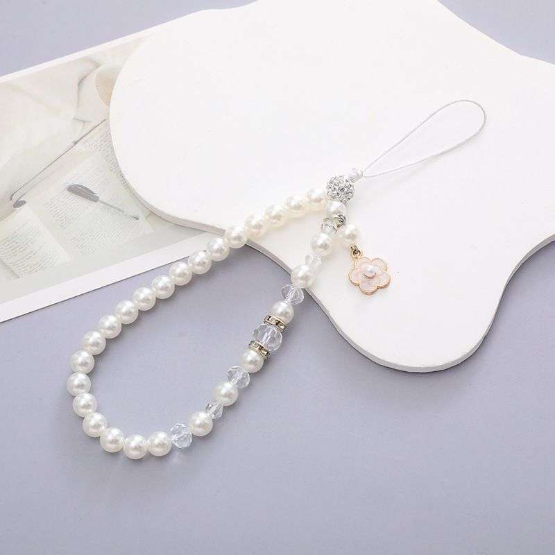 Beaded Crystal Pearls Phone Charm Chain with Patch - Black