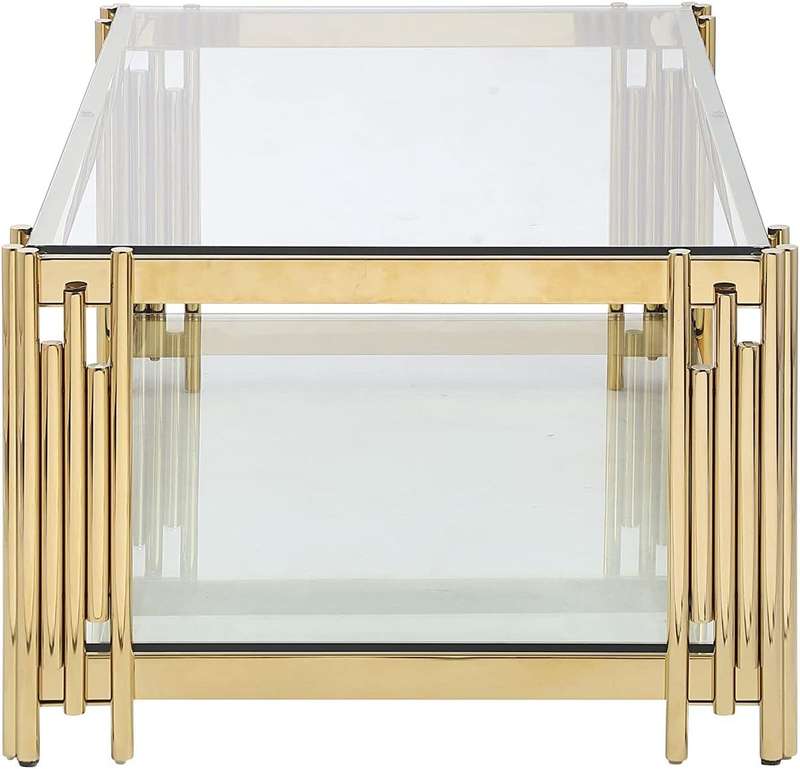Coffee Tables - Rectangular Clear Tempered Glass Top with Gold Steel Frame