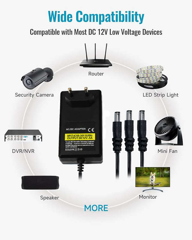 3-Way 12V 5A Power Supply Adapter  DC Power Splitter for CCTV Camera, DVR, NVR, LED Lights & E...