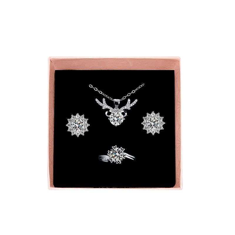 Zirconia Pendant Necklace Earrings Ring Set - Antler