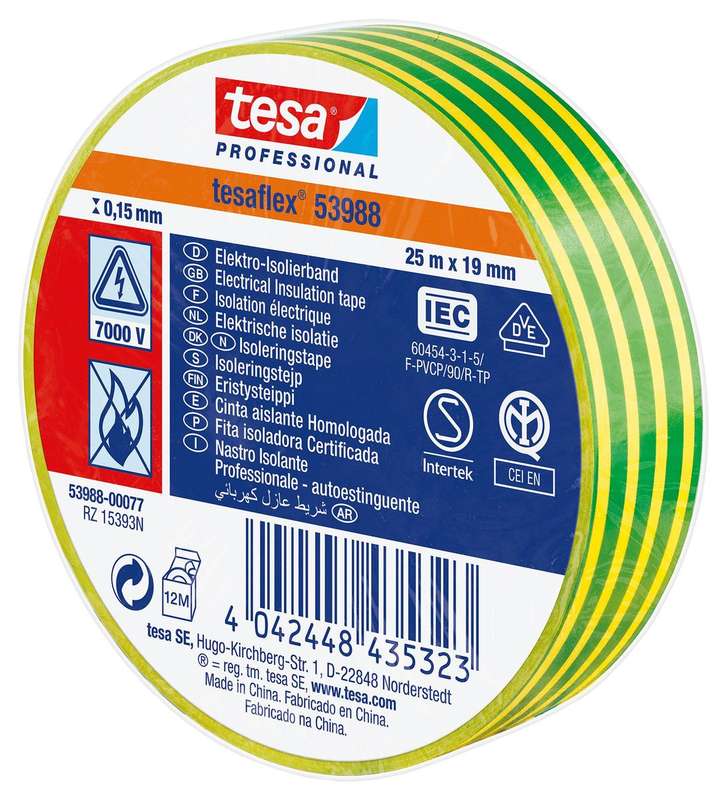 Tesa (53988 GREEN/YELLOW 25M X 19MM) Electrical Insulation Tape,19mmx25m