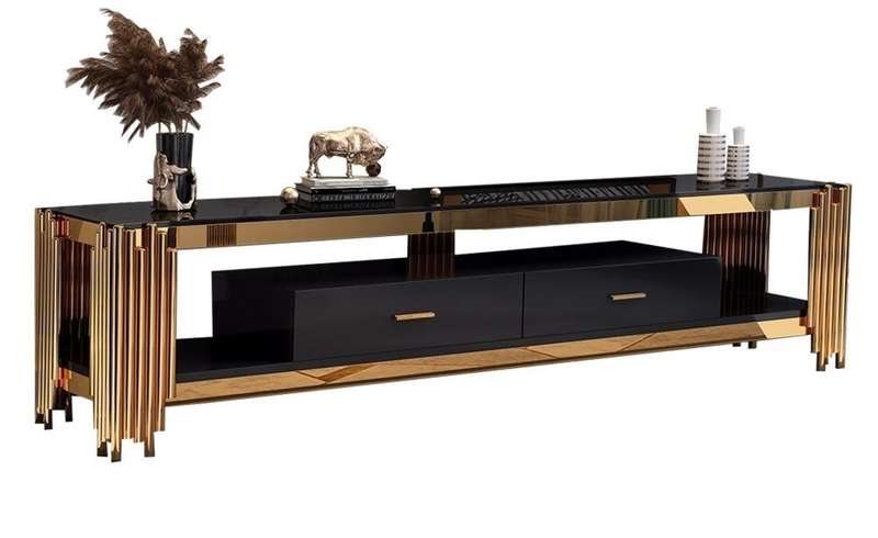 Smart TV/ Plasma Stands - Tempered Glass Top - Wooden Drawers - Gold