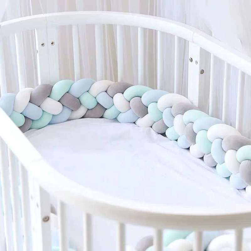 Baby Crib Bumper Knotted Braided Plush  GreyWhiteBlue