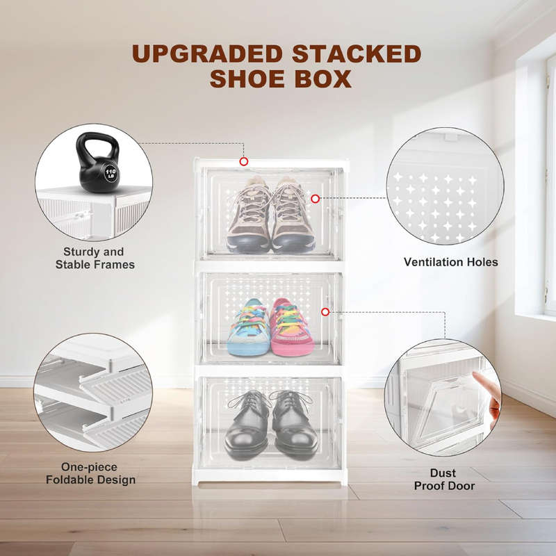 3 Tier Installation Free Shoe Box Clear Stackable Shoe Organizer for Closet