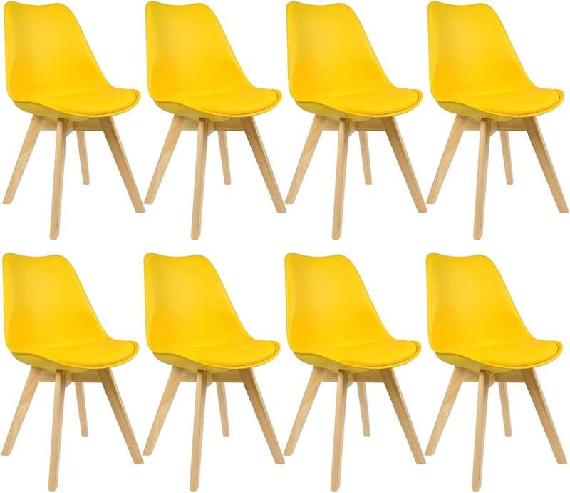 Modern and trendy padded chairs with wooden legs-8 Pack - Yellow