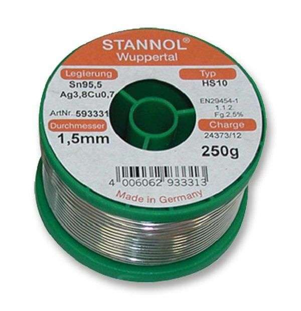 Stannol (631954) Solder Wire, 95.5/3.8/0.7, 0.5mm Diameter, 217°C, 250g