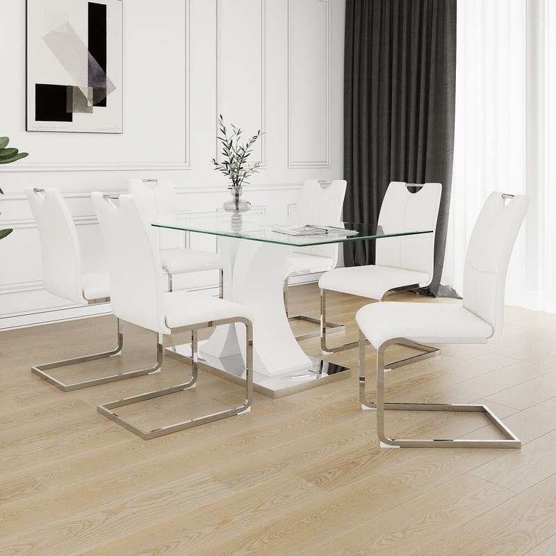 Faux Leather with Silver Metal Legs Dining Chairs - 6 Pack - White