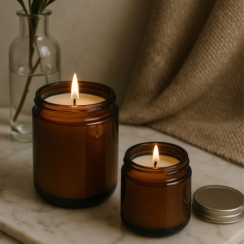 Amber Glass Candle Jars with Silver Lids  Set of 4 (2 x 200ml & 2 x 100ml)