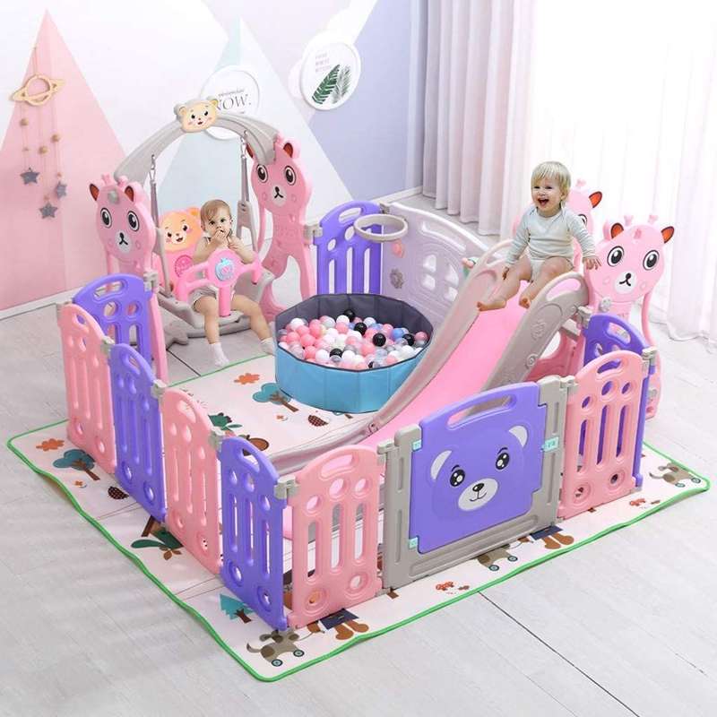 3 in 1Baby Playground With Slides and Crawling Mat Indoor Lockable Door