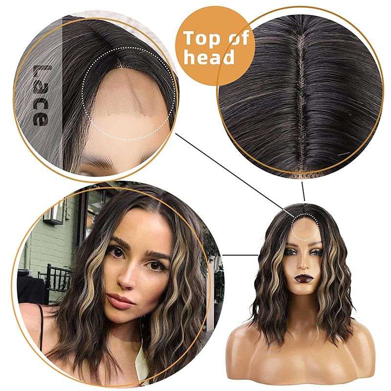 14inch Short Curly Wig Synthetic Shoulder Length Ombre Wigs - Brown Mixed Blonde