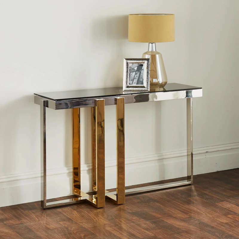 Modern plated metal and glass console table