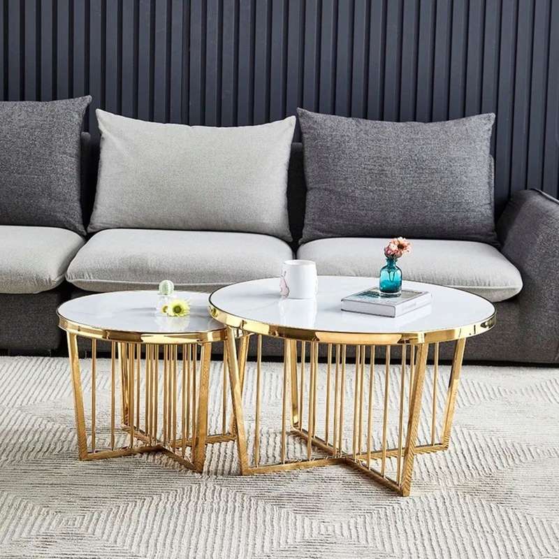 White, Gold Ceramic Round Coffee Table