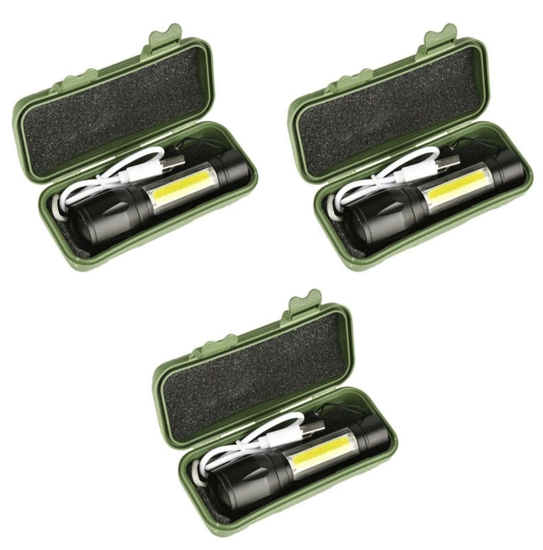 Mini Alloy USB Rechargeable Torch Flashlight with Zoom & Side Light - 3 Set