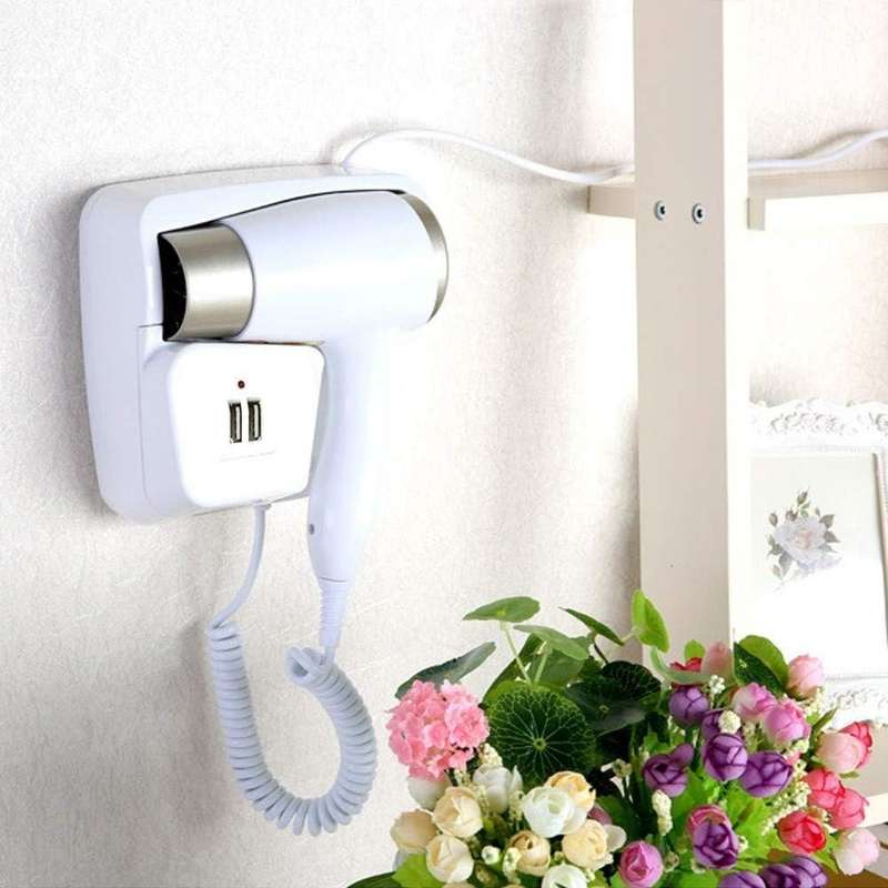 Wall Mount Hair Dryer with Stand Rack Professional Fast Drying-White