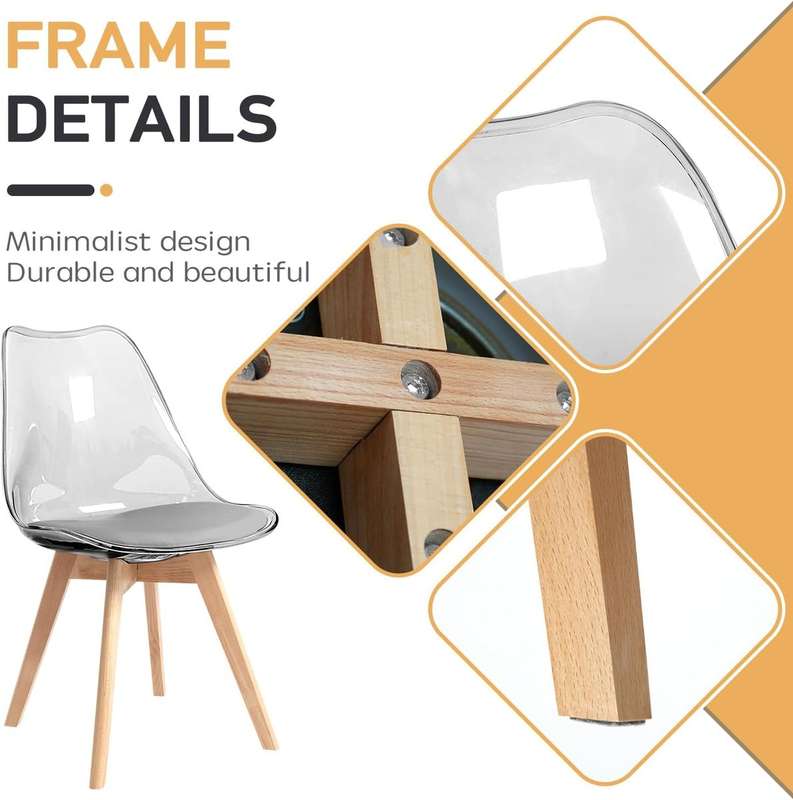 Modern transparent padded chairs with wooden legs-Black, white or grey-2pack