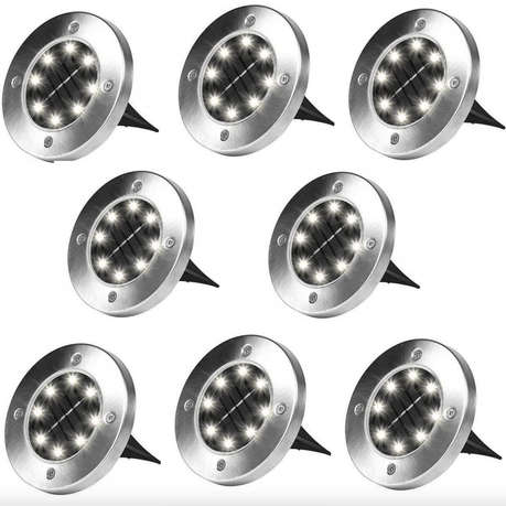 Solar Powered 8 Bead Flat to Ground LED Outdoor Disc Lights - 8 Pack