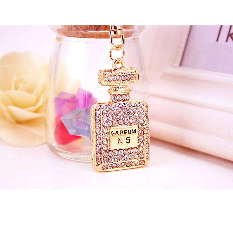 Artificial Perfume Bottle Inlay Rhinestone Keychain - Gold