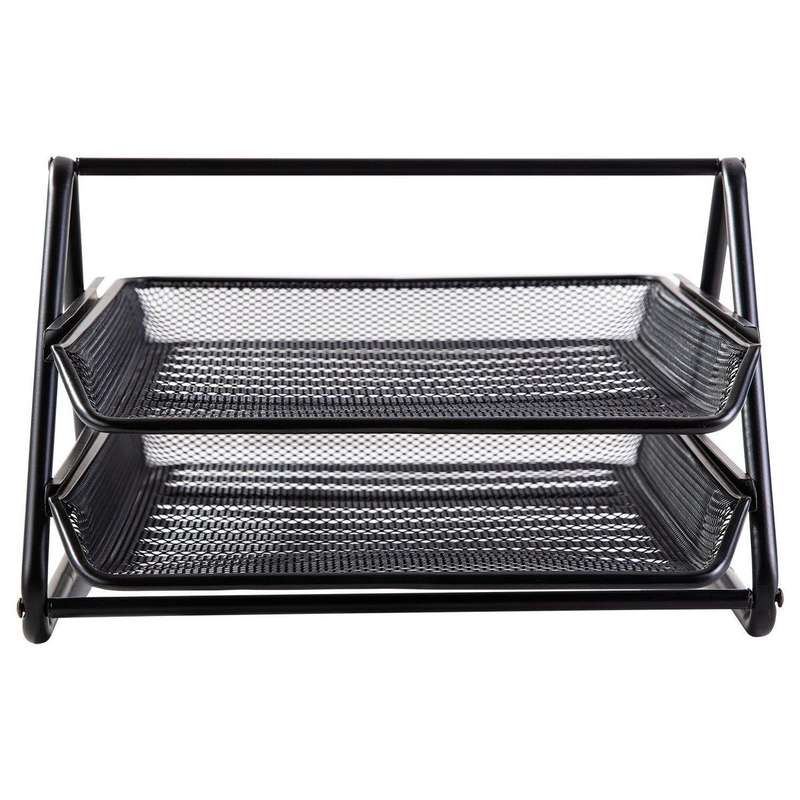 2 Tier Metal Mesh Document Sliding Tray Organiser - Black