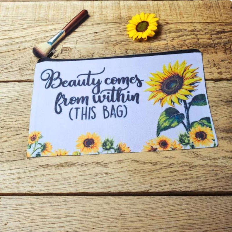 Sunflower Zipper Pouch  21x12 cm Canvas Makeup Bag with Uplifting Quote  Cosmetic, Travel &...