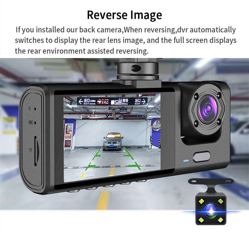 3 Channel DVR Dashcam with Front interior and Rear cameras AND 32GB TF Card