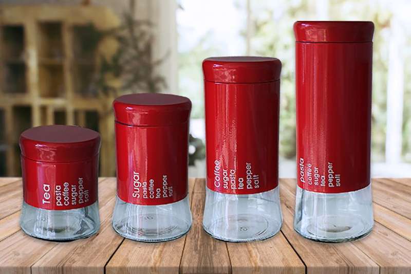 4 Piece Decadent Glass Jar Canister Set - Coffee Sugar Tea & Pasta - Red (PLEASE READ DESCRIPTION)