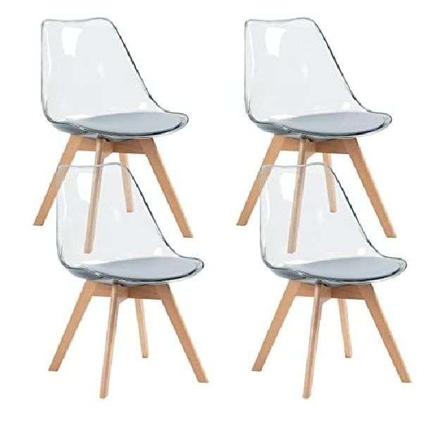 Modern transparent padded chairs with wooden legs - Grey 4 Pack