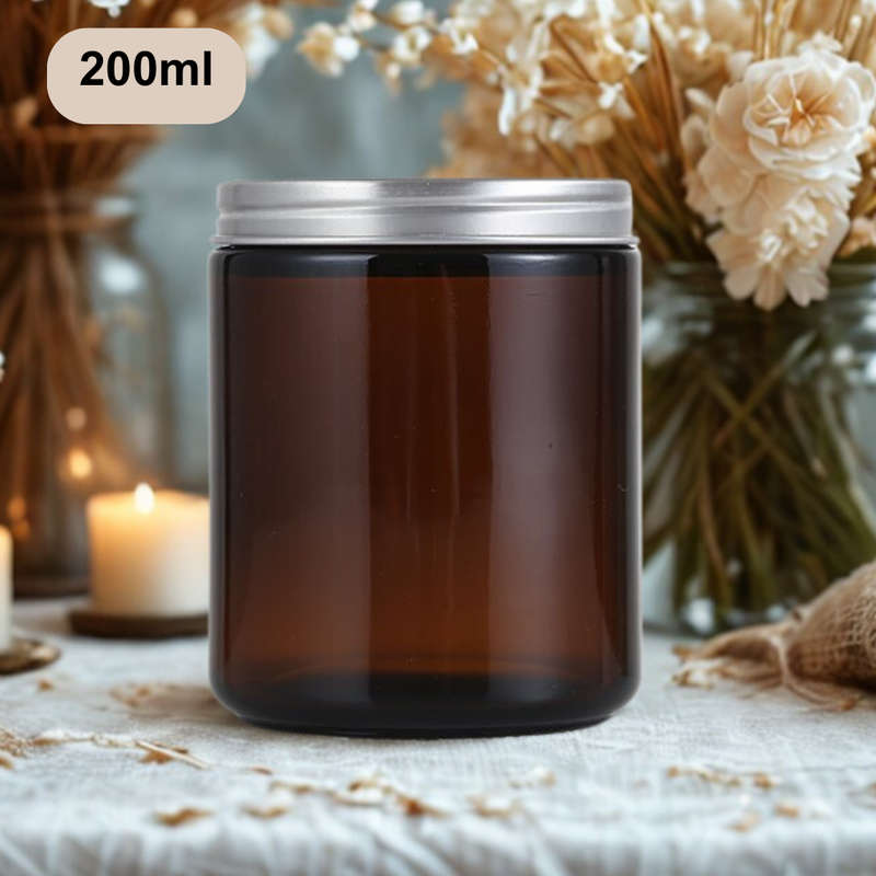 Amber Glass Candle Jars with Silver Lids  Set of 4 (2 x 200ml & 2 x 100ml)