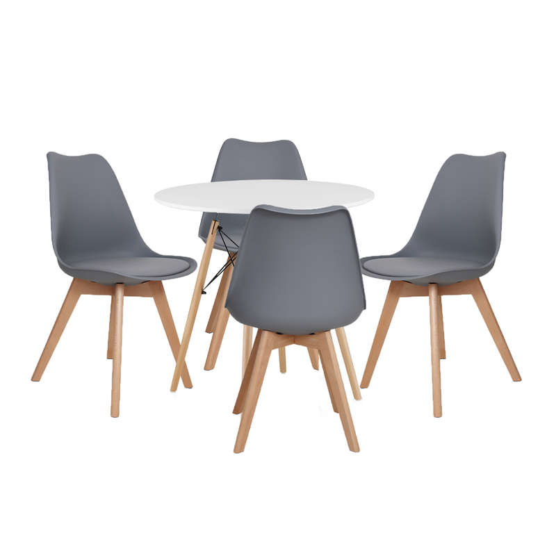 Dining Sets - Round Dining Table with Four Padded Chairs -Grey