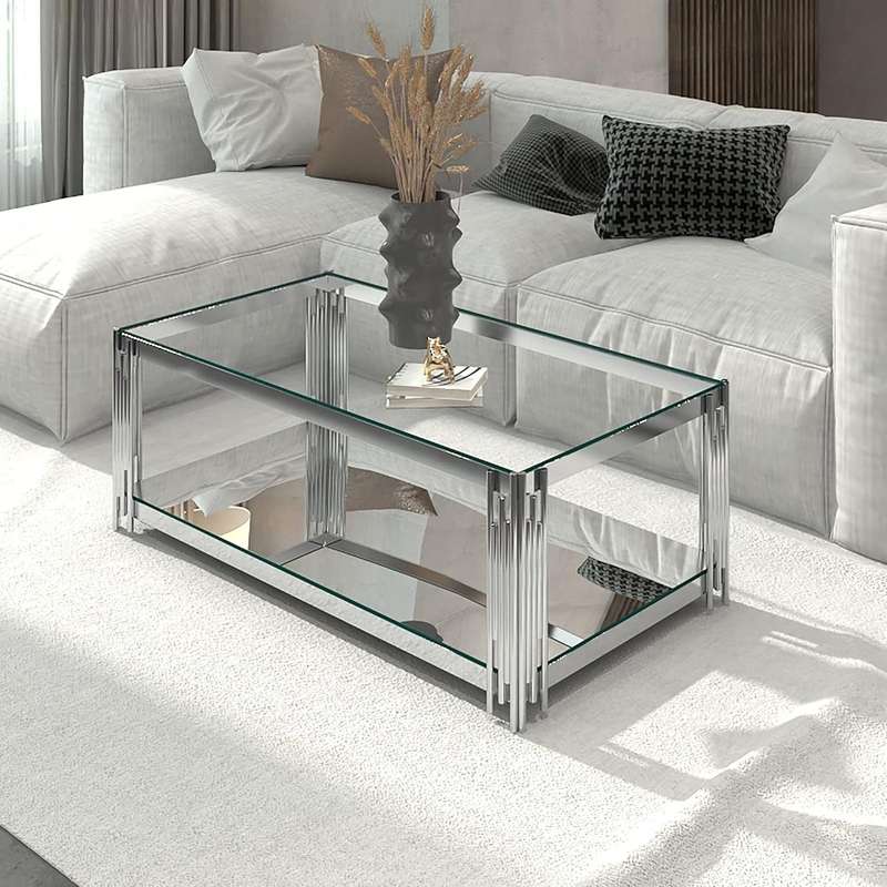 Coffee Tables -Rectangular Tempered Glass Top with Steel Frame-CS-12
