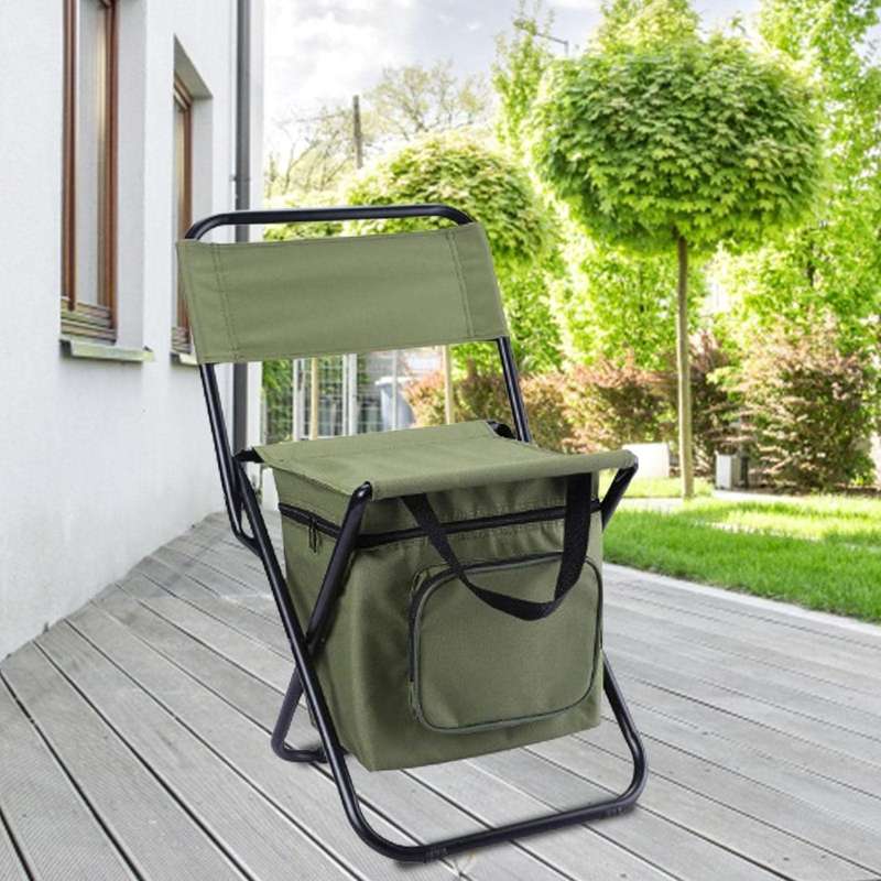Foldable Fishing Chair & Cooler Bag Camping Sport Patio Picnic Outdoor Gift - Army Green