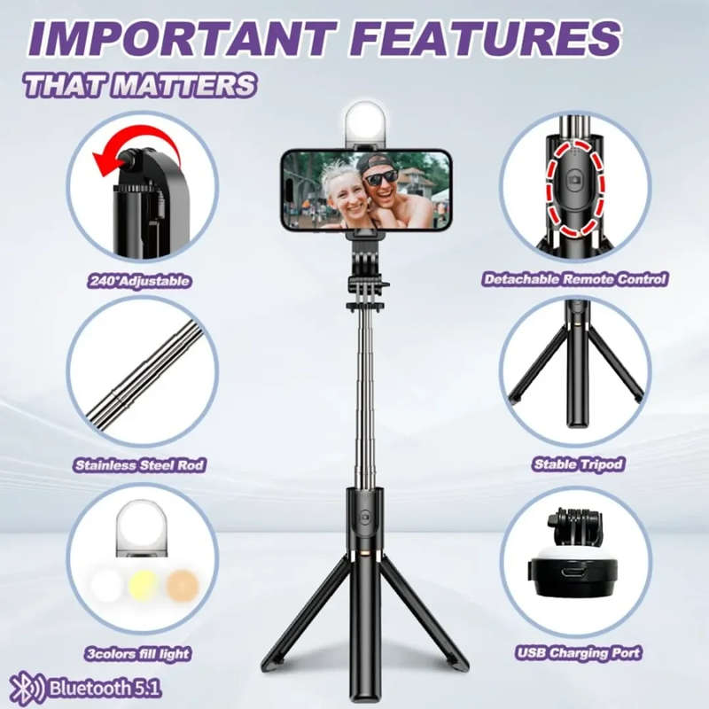 Phone Tripod Stand, Strechable Tripod Led Light With Bluetooth Remote -1.3m