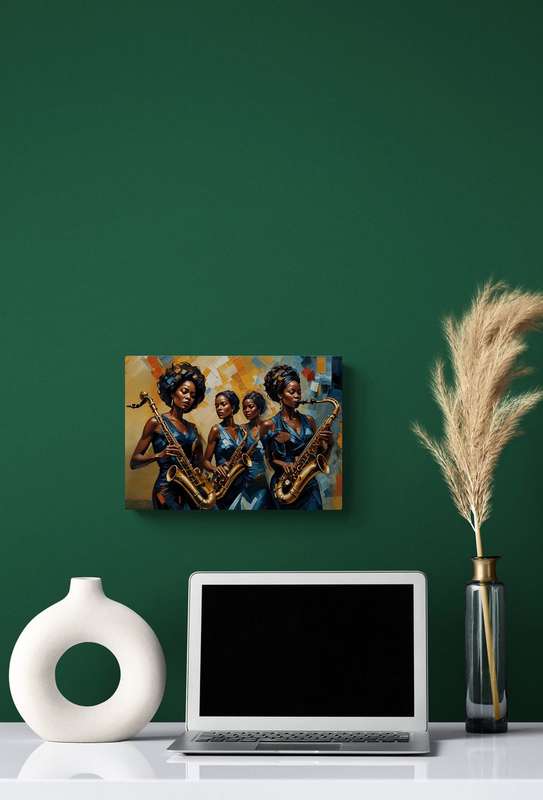 Jazz Queens: A Symphony in Blue  Printed Canvas Wall Art (Unframed) | African Female Saxophoni...