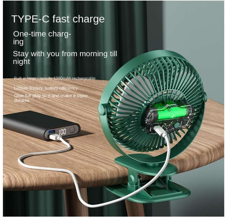 Electric Desktop Clip Fan 1200mAh 3 Gears Portable Quiet Office Camping