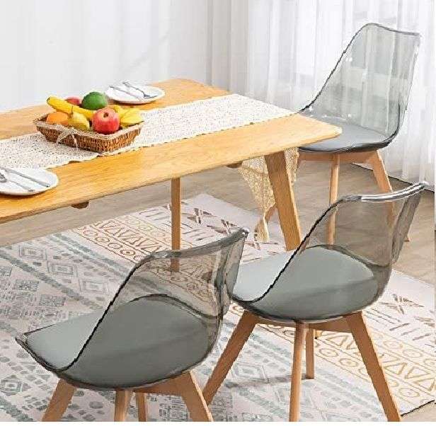 Modern transparent padded chairs with wooden legs - Grey 4 Pack