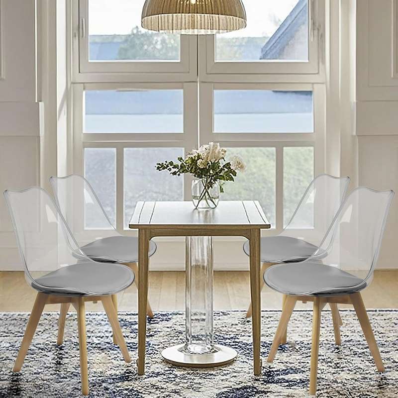 Modern transparent padded chairs with wooden legs-Black, white or grey-2pack