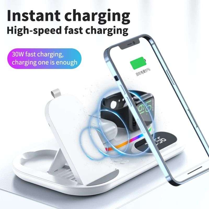 Andowl 30W 4 in 1 Wireless Charging Dock With RGB Lights and Clock