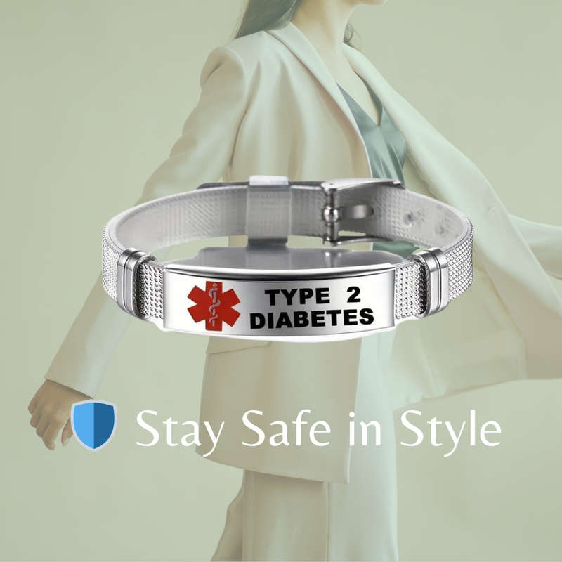 Stainless Steel Medical Alert Bracelet  Type 2 Diabetes | 23cm Adjustable Wristband with Silic...