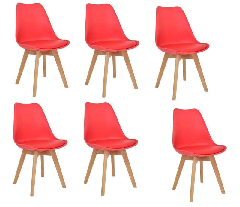 Dining Chairs - Cushioned Seat / Wooden Legs - 6 Pack - Red Colour