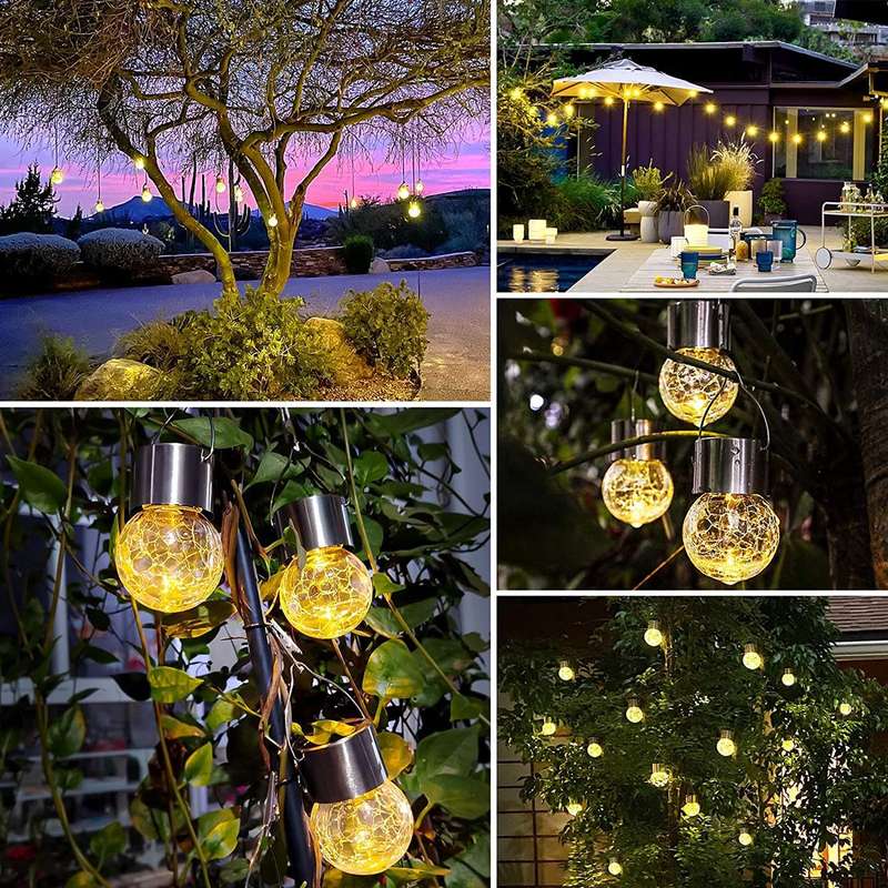 Set of 4 Outdoor Hanging Solar Lights,Cracked Glass Solar LED Lights