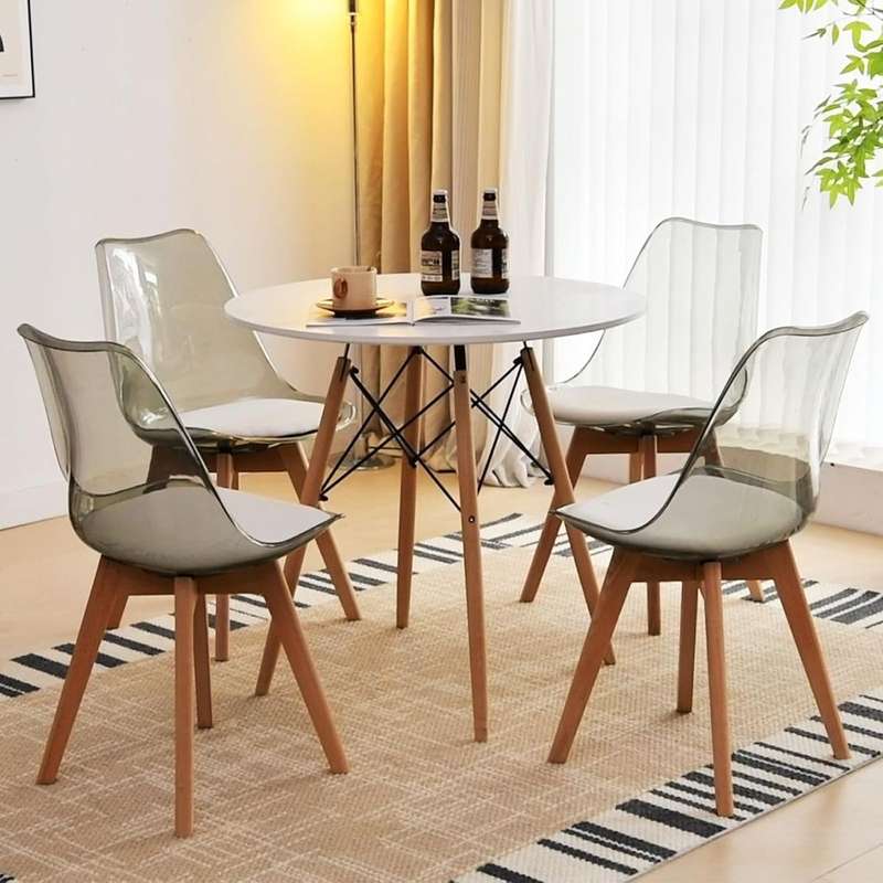 Modern transparent padded chairs with wooden legs-- White - 8 Pack